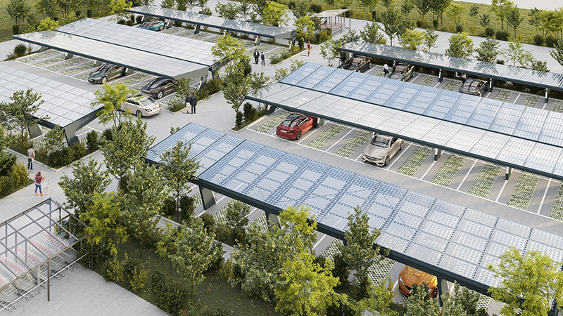 Visualiserung Solarparkplatz FLASH, Bifaciale Module | Planung, Konzipierung & Statik: swisscarport.ch©